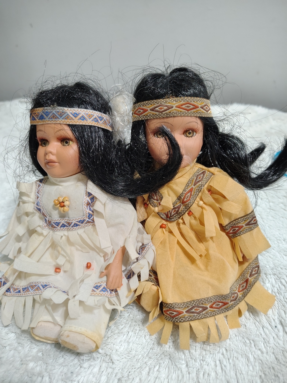 Set of 2 Kids Dolls with Black Hair in White & Tan Dresses